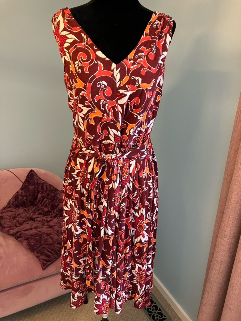LOFT Burgundy Floral V-Neck Dress with Self-Tie Waist
